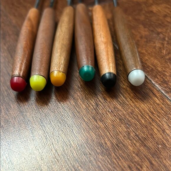 Vintage Green Fondue Set with Wood and Stainless Forks - Picture 5 of 16